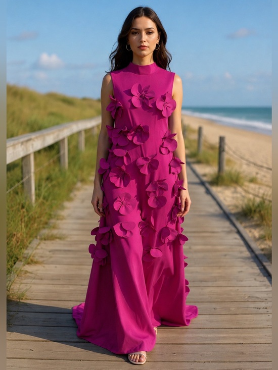 Dresses & Skirts - NWT Boutique Vibrant Raspberry Magenta Sleeveless 3D Floral Appliqués Maxi 8